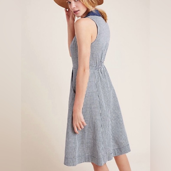 HTF Anthropologie Navy Blue Linen Cotton Gingham Camellia Collared Dress Size 10 - Picture 3 of 13